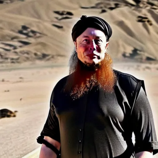 Image similar to elon musk wearing a long beard joining the taliban while riding a motorcycle