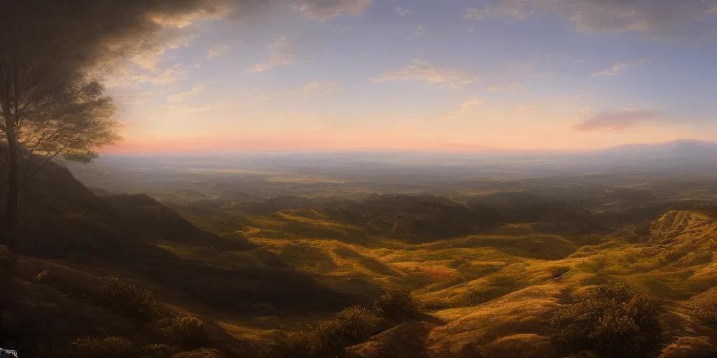 Image similar to a breathtaking landscape from a hilltop, cinematic lighting, detailed oil painting, hyperrealistic, 8k