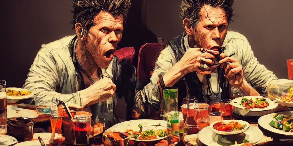 Image similar to cartoonish tom waits eating dinner, vivid colors, character sheet, fine details, concept design, contrast, kim jung gi, greg rutkowski, trending on artstation, 8 k, full body, turnaround, front view, back view, ultra wide angle