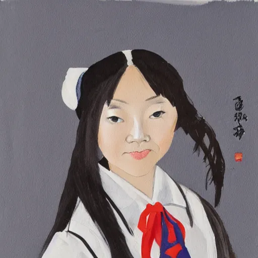 Image similar to a painting of Japanese schoolgirl, clothed, gouache