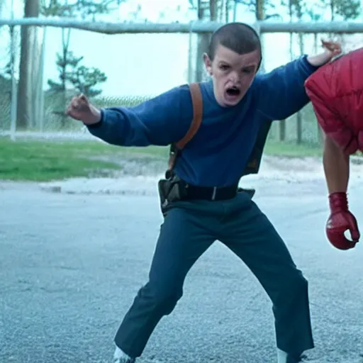 Prompt: eleven from stranger things versus The Rock in a WWE fight