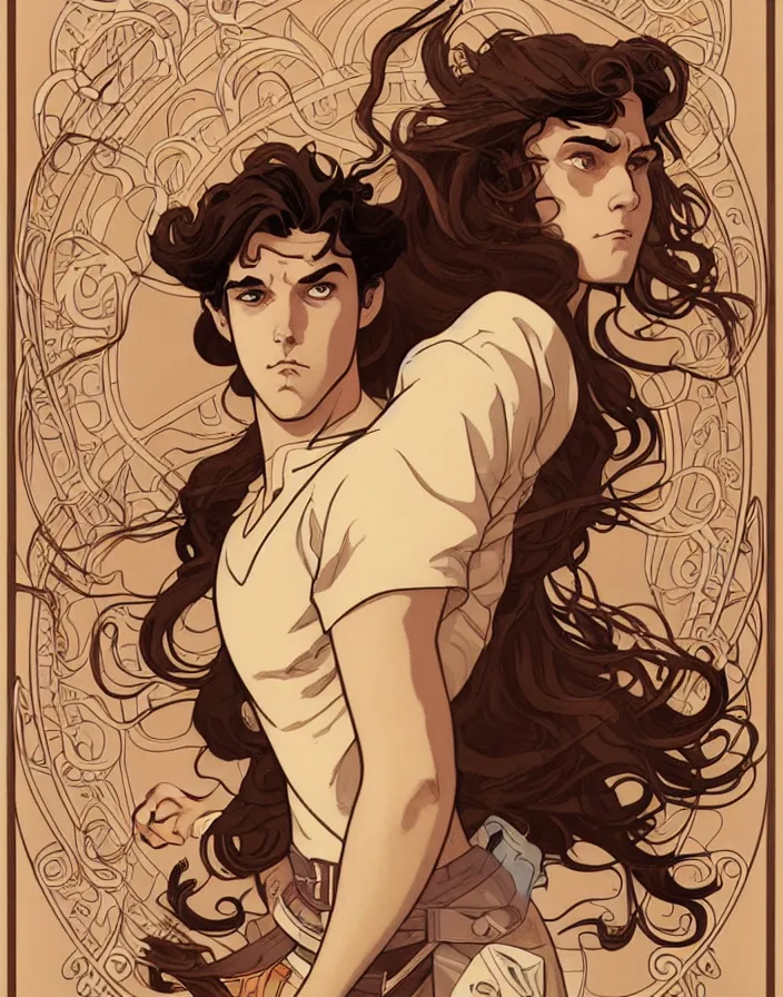 Image similar to art nouveau portrait of a young super hero with curly light brown hair, brown eyes, serious facial expression, gloomy mood, angry, t - shirt, natural lighting, path traced, highly detailed, high quality, cartoon, digital painting, by don bluth and ross tran and studio ghibli and alphonse mucha