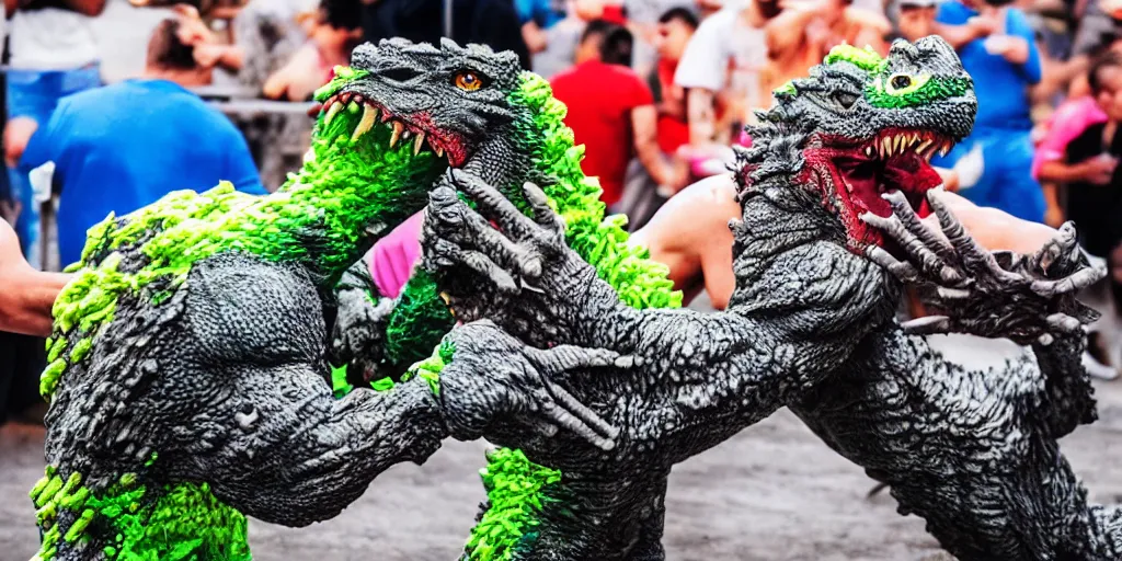 Prompt: fleshy Cthulu arm wrestling fleshy Godzilla, lurid colors, daylight, photo real, 1992, Eastman EXR 50D 5245/7245, close-up action first-person perspective, cinematic, wet, slimy