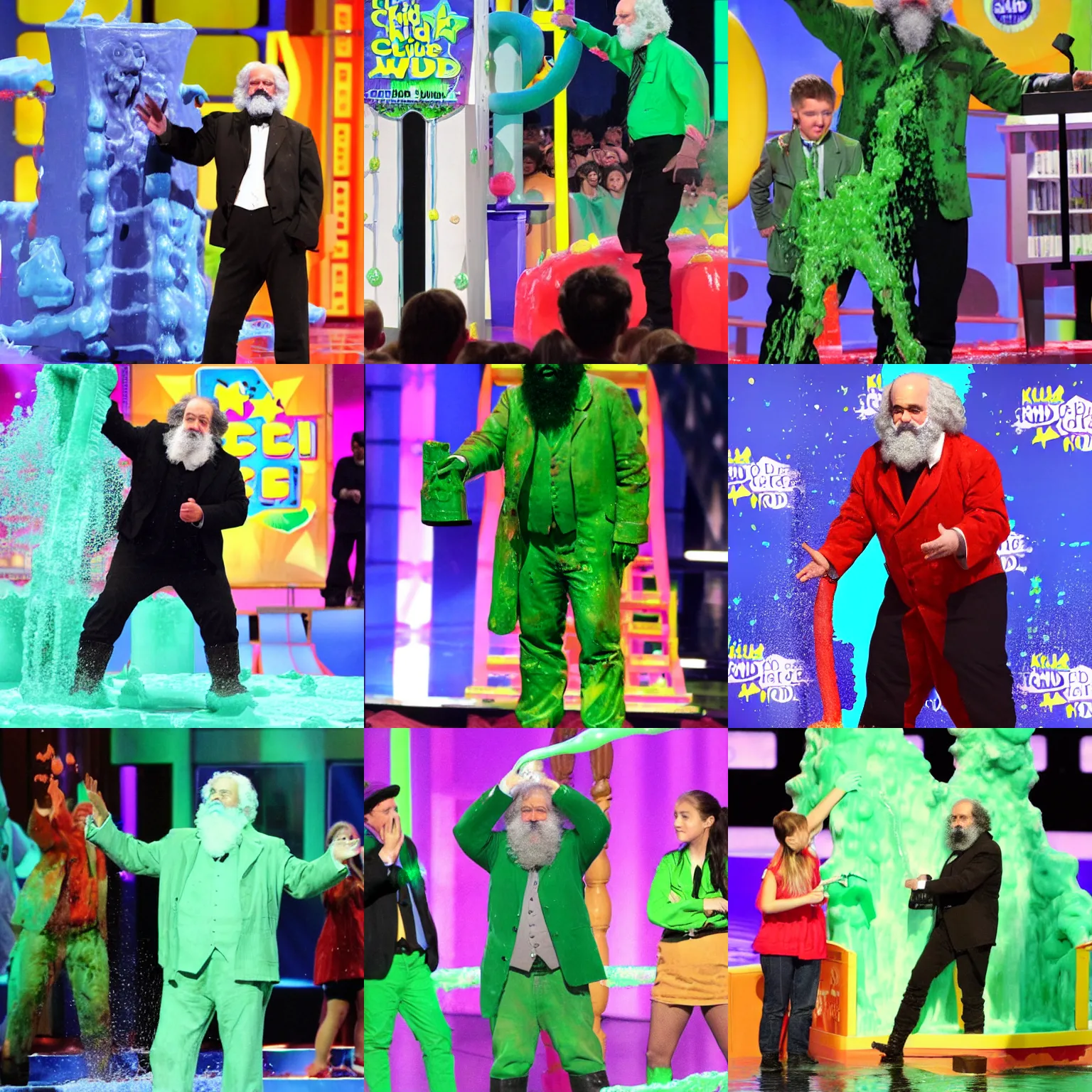 Prompt: karl marx getting slimed at the kid's choice awards