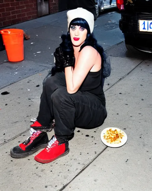 Prompt: Homeless Katy Perry eating her dinner on a dirty sidewalk in New York City, urban grunge, grand theft auto art