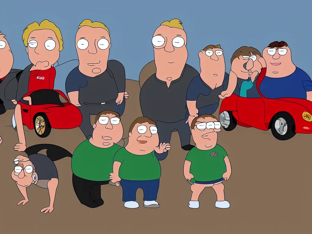 Image similar to bbc - show top gear shown in family guy style, 3 men in fast cars