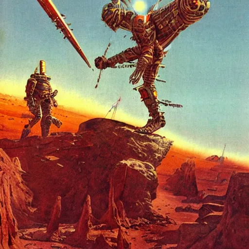 Prompt: sardaukar warrior on mars, vintage sci - fi art, by bruce pennington