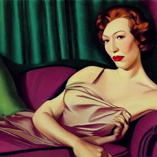 Image similar to portrait of write diva clarice lispector reclining on the sofa, green dress, by j. c. leyendecker, tamara de lempicka