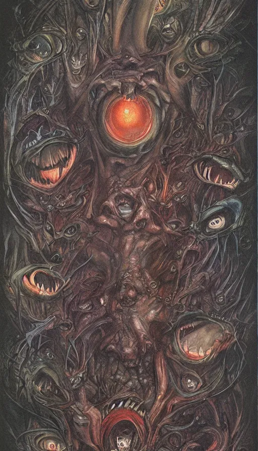 Prompt: a storm vortex made of many demonic eyes and teeth, by brian froud