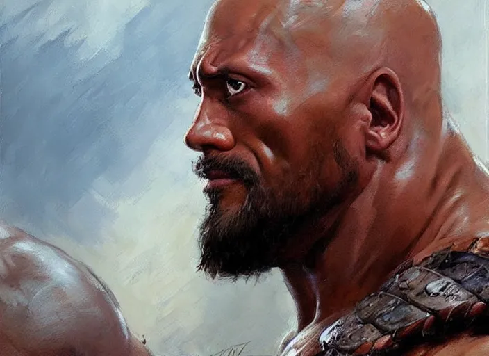 Image similar to a highly detailed beautiful portrait of dwayne johnson as kratos, by gregory manchess, james gurney, james jean