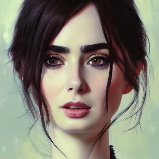 Image similar to of an ultradetailed beautiful portrait panting of lilly collins, front view, oil painting, by ilya kuvshinov, greg rutkowski and makoto shinkai