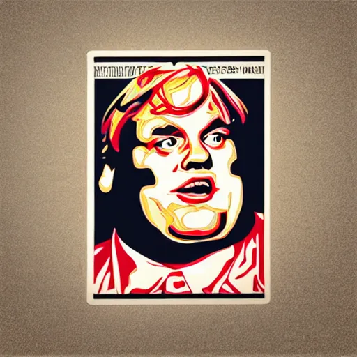 Prompt: chris - farley by shepard fairey, sticker - svg