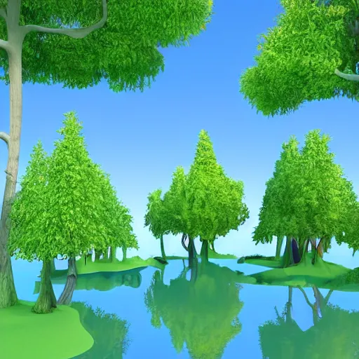 Image similar to forest of many cartoon style trees 3 d, river with an island of a cartoon medieval castle, colourful, blue sky