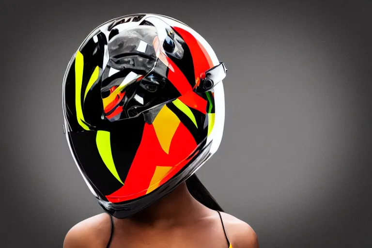 Image similar to photo of a glossy black marble statue of a girl with colorful motocross logos and motorcycle helmet with reflective mirrored visor, carved marble statue, fine art, in the style of virgil abloh, 8 k, 4 k, detailed, realistic, beautiful, symmetrical