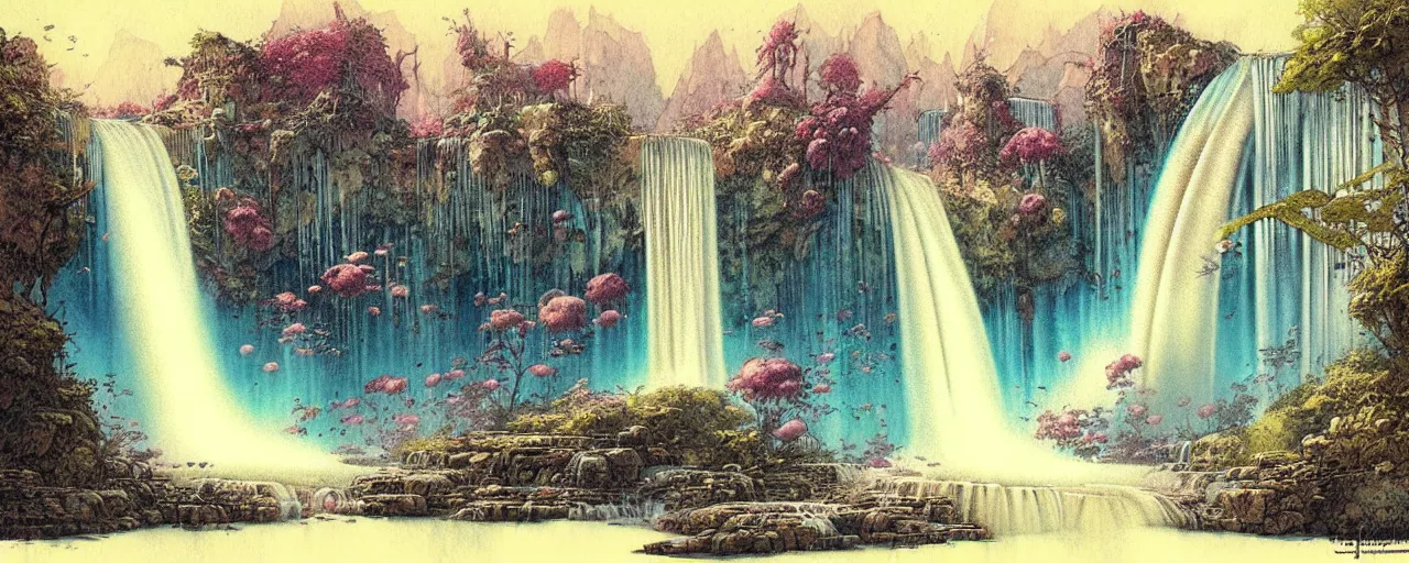 Prompt: retro future art waterfall by jean - baptiste monge, design border lines, decorations, muted colors