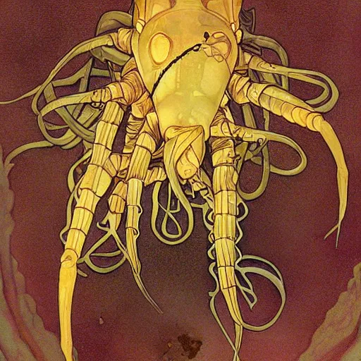 Image similar to diagram of blind isopod with three scorpion tail tentacles curled in a large human hand, science fiction concept art by Anato Finnstark, Alphonse Mucha, and Greg Rutkowski