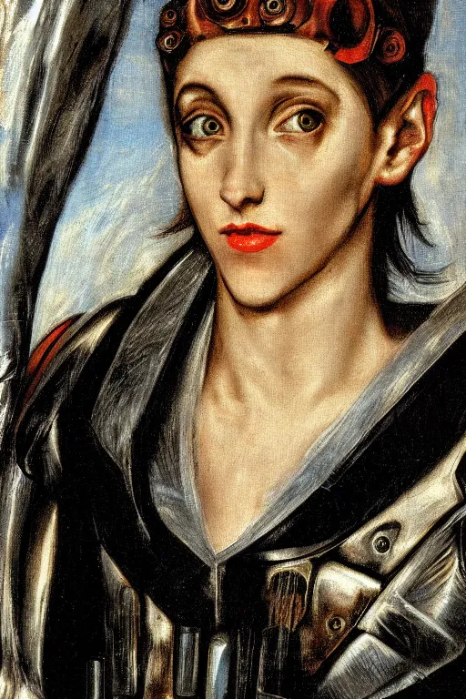 Prompt: a close - up portrait of a cyberpunk cyborg girl, by el greco, rule of thirds