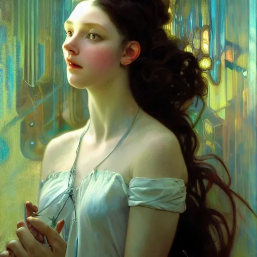 Prompt: hyperrealist portrait of a pretty young gynoid with large eyes and long hair standing in front of a computer simulation by jeremy mann and alphonse mucha, fantasy art, photo realistic, dynamic lighting, artstation, poster, volumetric lighting, very detailed faces, award winning