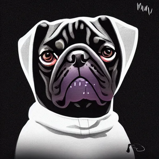 Image similar to a sad pug wearing a hoodie, ( sad ) is typed on the hoodie in upper case letters, digital art, synthwave style, trending on artstation, matte painting