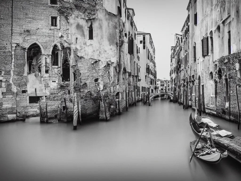 Prompt: long exposure photography of venice in ruins, in the sea, photorealistic, minimalism, fine art photography