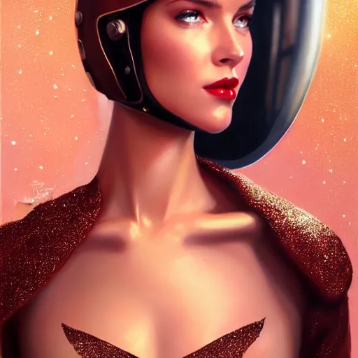 Image similar to a portrait of a very beautiful woman in a spacesuit with a dueling scar, brown eyes, shoulder-length brown hair, deep red lips, glitter, bored, illustration, soft lighting, soft details, painting oil on canvas by mark arian by artgerm, trending on artstation, 4k, 8k, HD