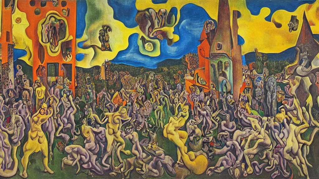 Image similar to unholy gathering, 4K, Dadaism & Fauvism, by collaboration of M. C. Escher and Salvador Dali and Van Gogh