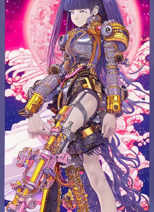 Image similar to highly detailed artstation katsuhiro otomo fluorescent fantastic fate manga poster of princess mechine, minaba hideo,, long hair, armor, laces, ruffles, 8 k, maximalist, art nouveau,