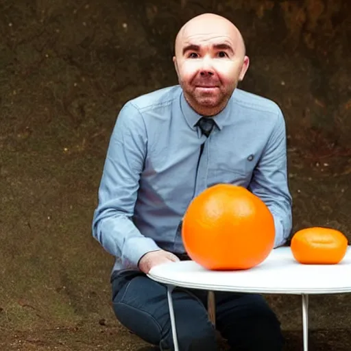 Image similar to karl pilkington with a head as an orange