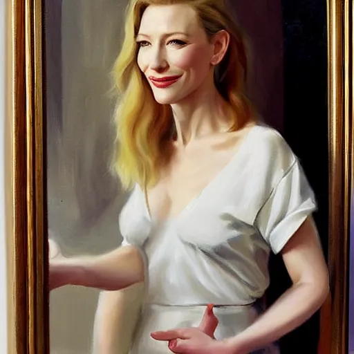 Image similar to cate blanchett in low-cut blouse in front of a mirror, painting by Vladimir Volegov