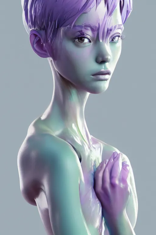 Prompt: epic 3 d abstract model, liquid hands and feet spinning, 2 0 mm, with white and pastel purple peanut butter, melting smoothly into asymmetrical bubbles, 💎, liquid, delicate, beautiful, intricate, houdini sidefx, trending on artstation, by jeremy mann and ilya kuvshinov, jamie hewlett and ayami kojima