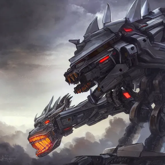 Image similar to hyper realistic, epic, highly detailed cinematic full body shot of a gigantic feral mecha canine, sharp metal claws, cannon mounted on back, sleek armor, glowing visor, destroying city, digital art, furry art, macro art, dragon art, zoids art, furaffinity, deviantart, sofurry