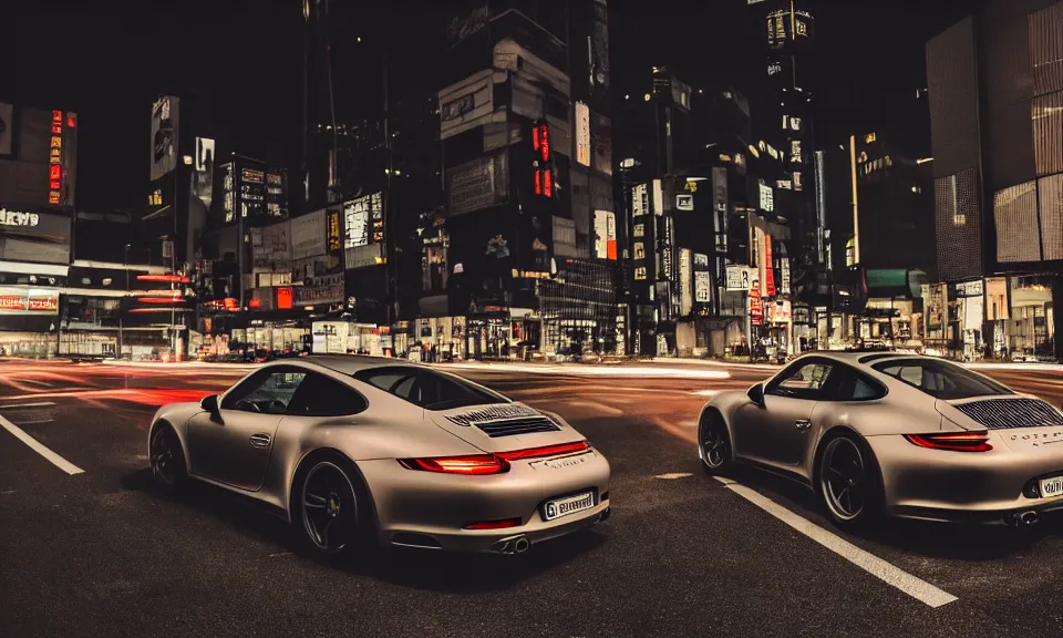 Image similar to photo of a porsche 911 at night drifting through a city, cinematic, 4k, long exposure photography, tokyo drift, fast and furious, film still, night photography, motion blur, lens flare, movie shot, light trail, distortion, wide angle