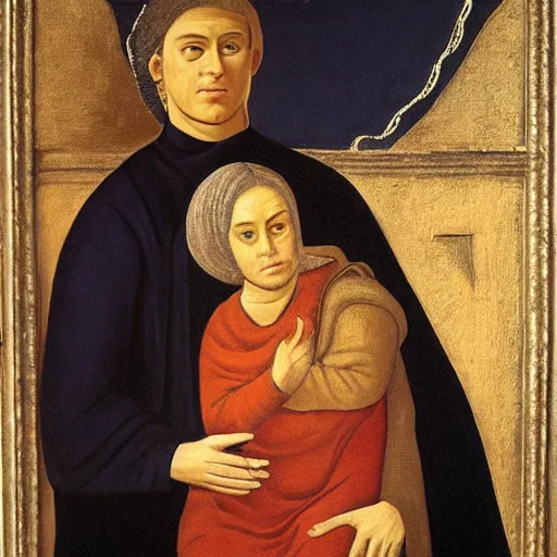 Image similar to painting benjamin netanyahu being held by his mother, tempera on wood, by duccio