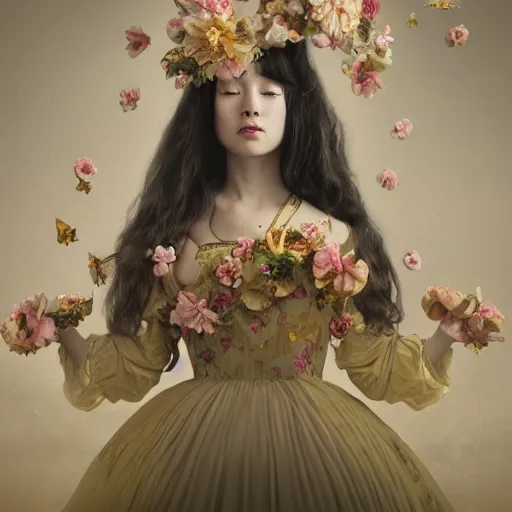 Image similar to 8k, octane render, realism, tonalism, renaissance, rococo, baroque, portrait of a young lady wearing long harajuku manga dress with flowers and skulls, background chaotic gold leaf flowers