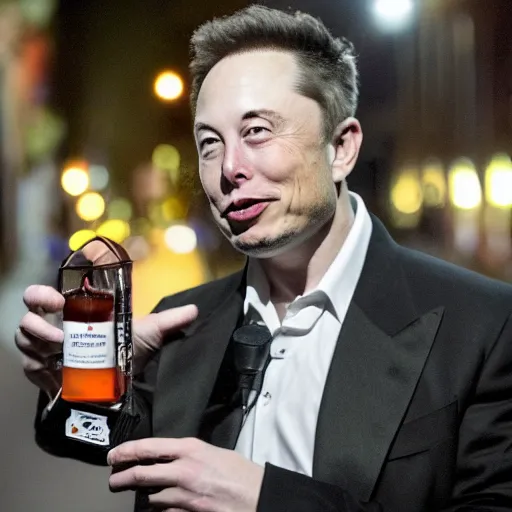 Prompt: Elon musk drinking out of a car battery in an alleyway at night