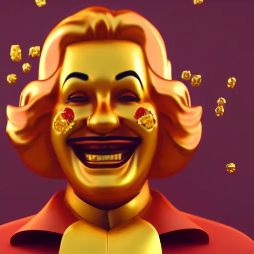 Image similar to A still of Ronald McDonald surrounded by gold and diamonds, Award-winning, photograph, 3d render, unreal engine, 4k detailed