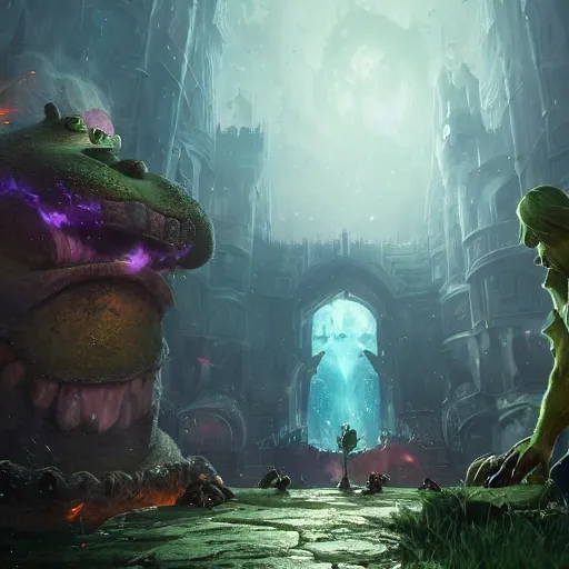 Image similar to Shrek, League of Legends amazing splashscreen artwork, splash art,natural light, elegant, intricate, fantasy, atmospheric lighting, by Greg rutkowski, league of legends splash art, hd wallpaper, ultra high details