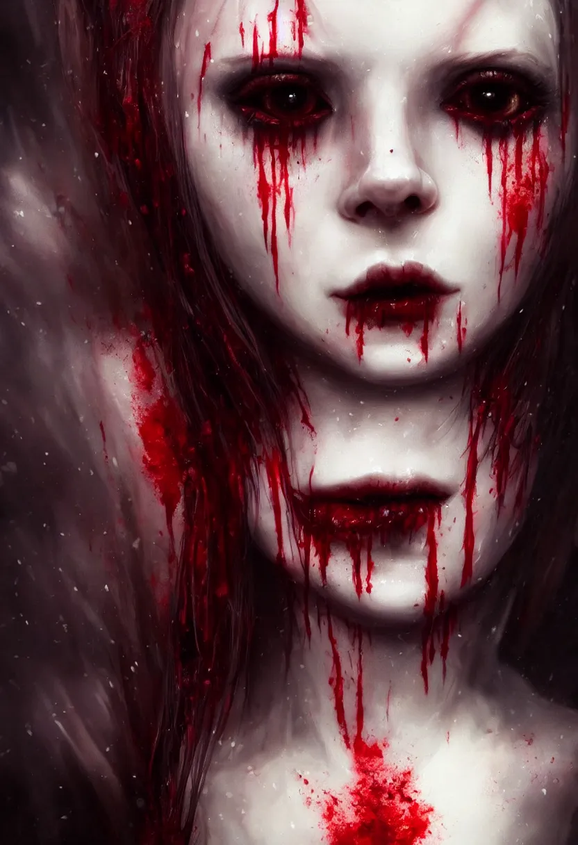 Prompt: beautiful, very extreme closeup portrait, one face, one face, one face, bloody face, vampire girl, extreme blood, vampire fangs, medieval dress. witch, makeup. unreal engine, greg rutkowski, loish, rhads, beeple, tom bagshaw, alphonse mucha, global illumination, detailed and intricate environment