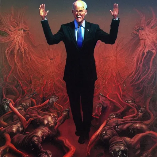 Image similar to epic Joe Biden in pandemonium, demons and souls, portrait, art by Wayne Barlowe, oil on canvas