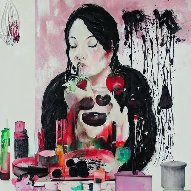 Prompt: “ a portrait in a female art student ’ s apartment, sensual, a pig theme, art supplies, paint tubes, ikebana, herbs, a candle dripping white wax, black walls, squashed berries, berry juice drips, acrylic and spray paint and oilstick on canvas, surrealism, neoexpressionism ”