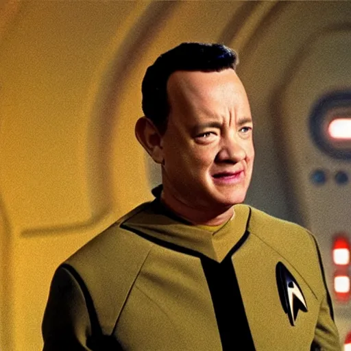 Prompt: Film still of Tom Hanks as a crew member from Star Trek
