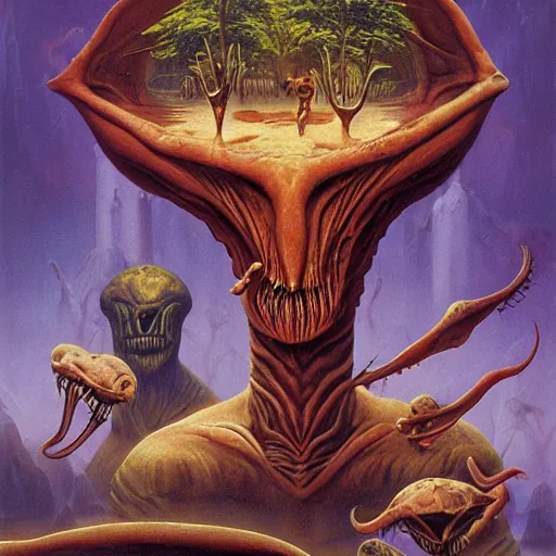 Image similar to alien creatures eating by a river, magical world, Artwork by Richard Corben + Mark Arian + Wayne Barlowe + Boris Vallejo + Julie Bell + Zdzisaw Beksinski + Ed Binkley + Mark Brooks + Jean Delvil