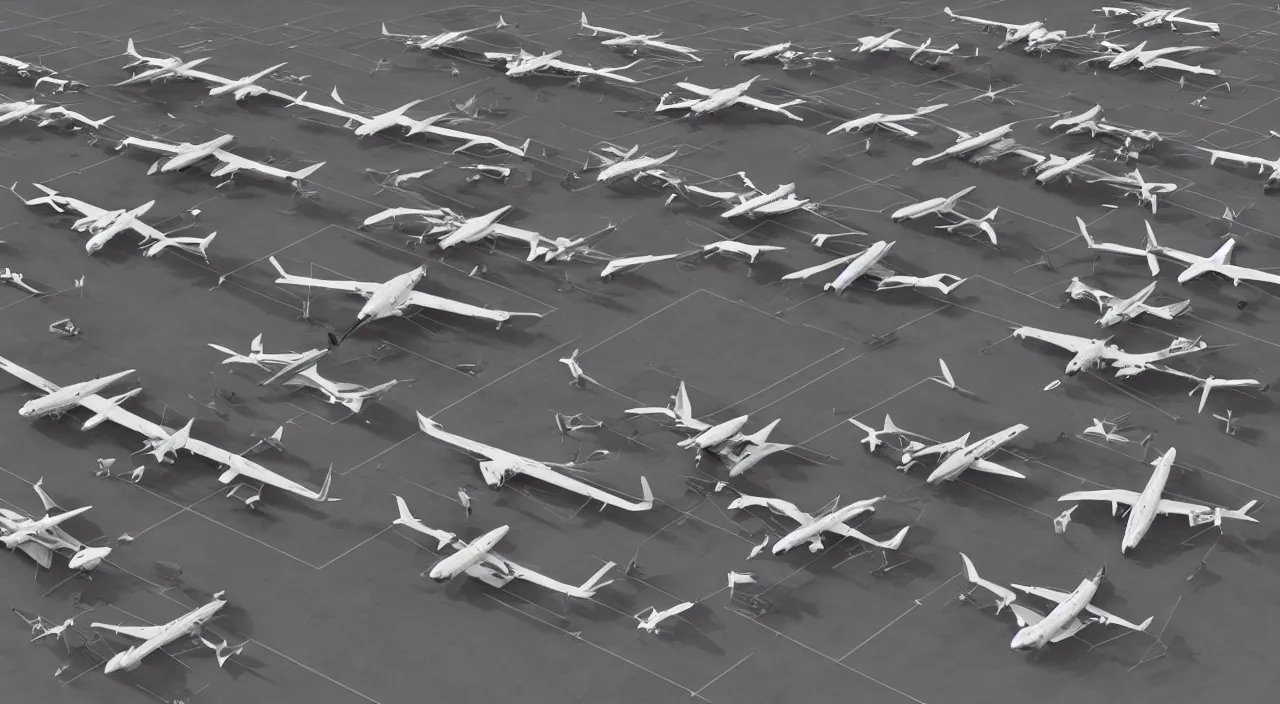 Prompt: a group of airplanes parked on top of an airport tarmac, concept art by Jason A. Engle, cgsociety, afrofuturism, reimagined by industrial light and magic, vray tracing, concept art