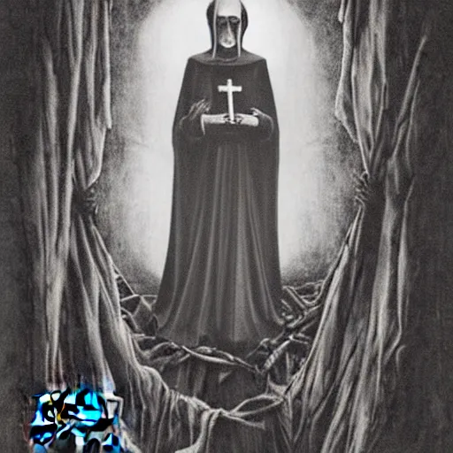 Prompt: photograph of a ghost of an evil catholic nun, gothic horror, hyper detailed,