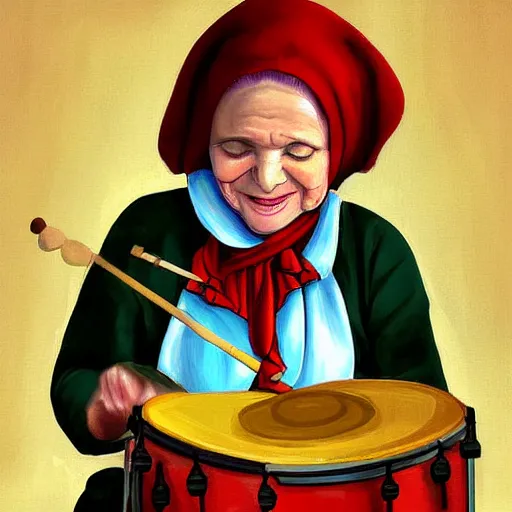 Image similar to a babushka playing drums, the drums look like bowls of oatmeal, digital art