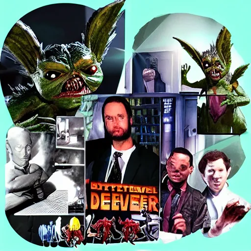 Prompt: Gremlins vs Predator hyperreal film noir detective green screen movie set with live action practical effects | Detective Predator | Gremlin President