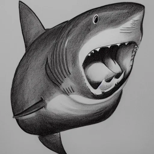 Image similar to happy shark going to work, pencil sketch, black and white