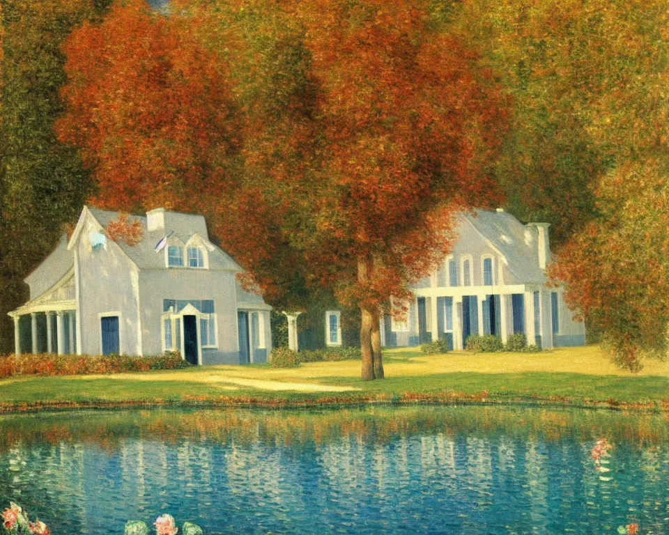 Image similar to achingly beautiful painting of a sophisticated, well - decorated pool house in autumn by rene magritte, monet, and turner.