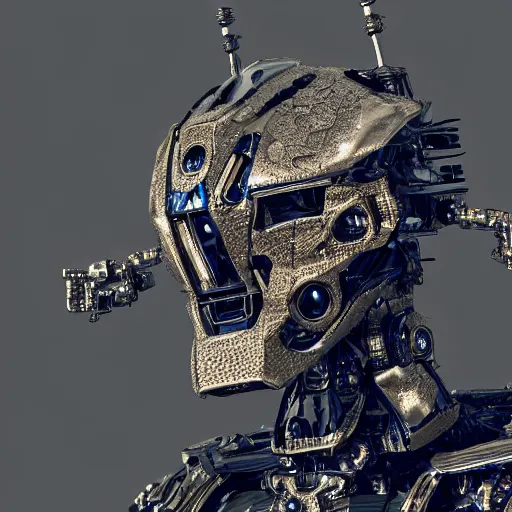 Prompt: Ultra-detailed cinematic render of a macro mecha cyborg face, cyborg eyes, metalic reflection, intricate details, full body, torso, hands, wires, unreal engine, dragon armor, intricate, octane render, high quality, ornate gems, 8k, by takeshi yoshida, volumetric lighting, person centered composition, trending on art station