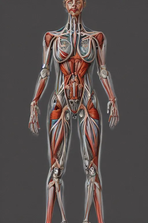 Image similar to symmetry!! full body female human anatomy concept, medical anatomy, cybernetic implants, tire rubber, mecha limbs, muscular system reference, anatomical art, digital art, in the style of amanda lilleston, luka mivsek, bryan christie, ranjit ghosh, artstation, pinterest, deviantart, photoshop, octane render, unreal engine
